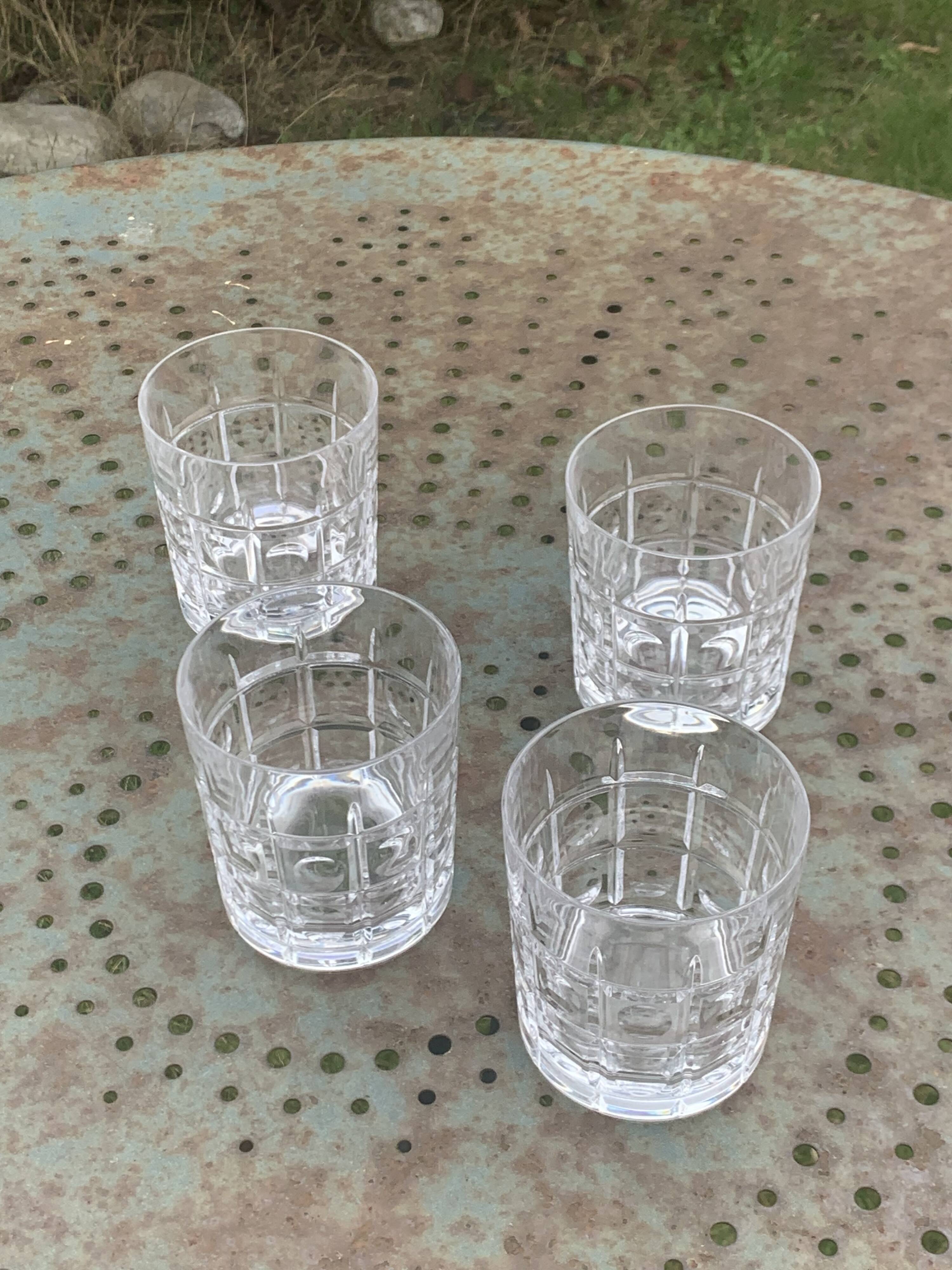 5 whisky glasses, Cristal Bayel stamps, transparent crystal with patterns