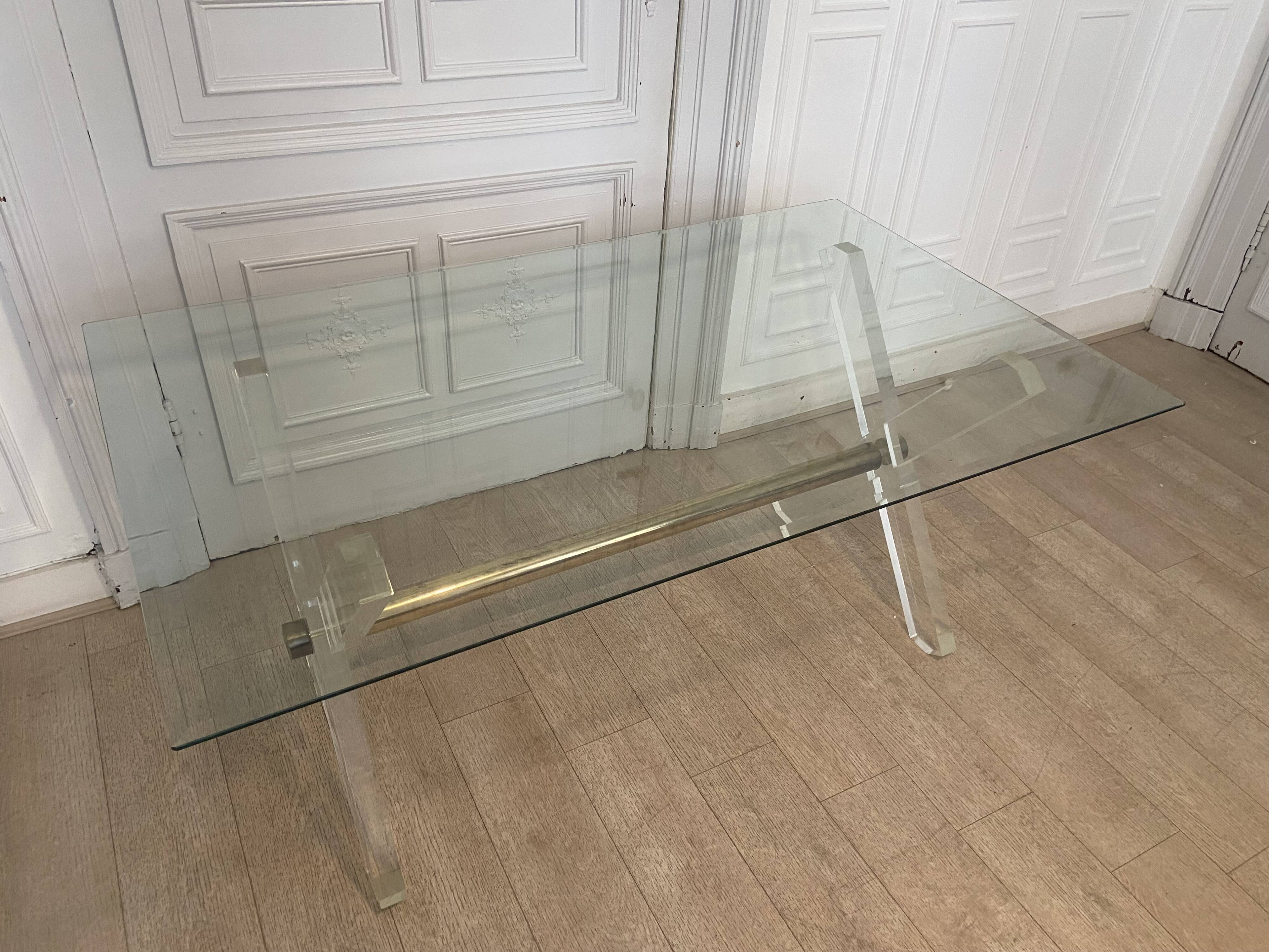 Table in plexiglass gold metal and beveled glass 1970s