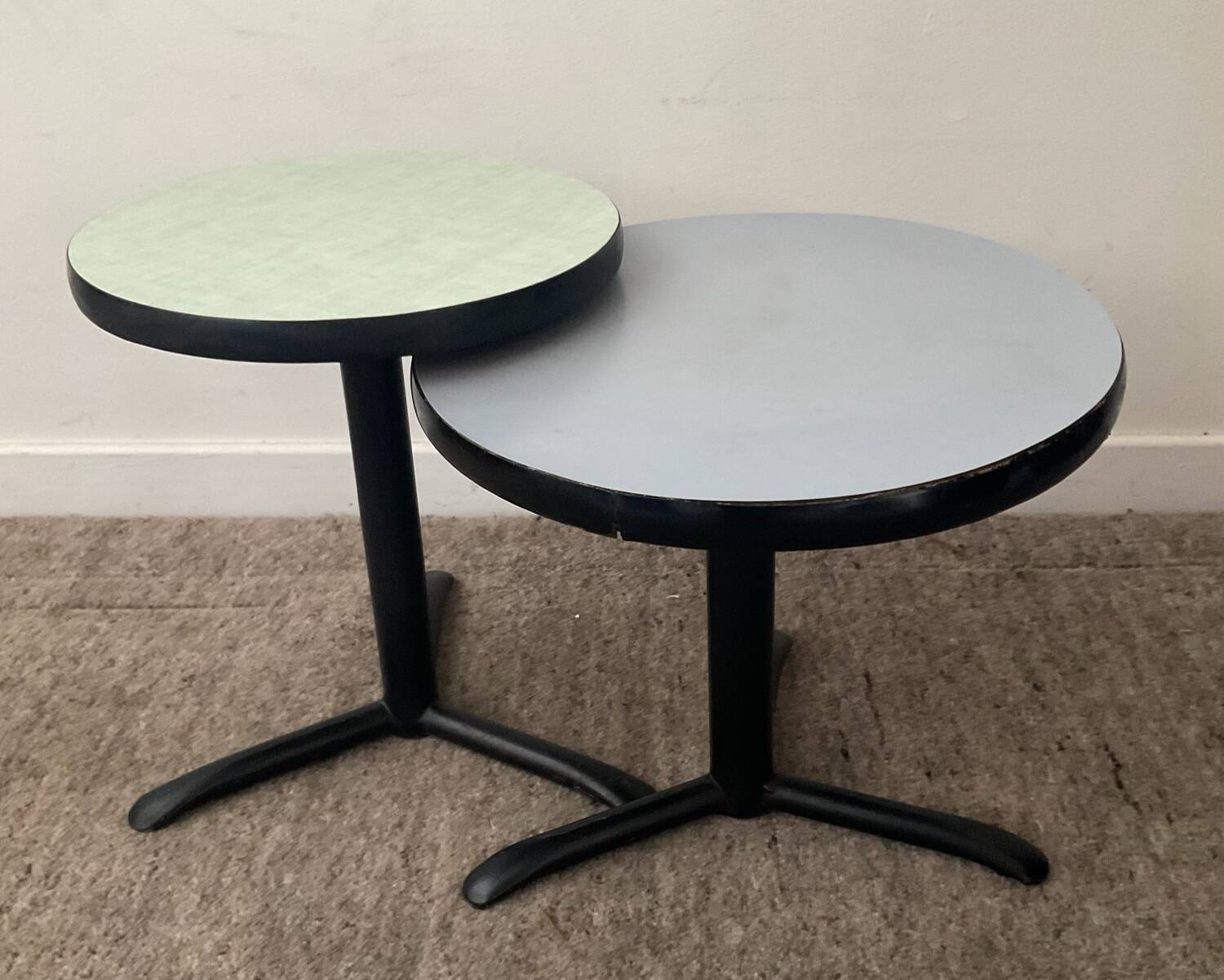Pair of vintage metal and Formica pedestal tables