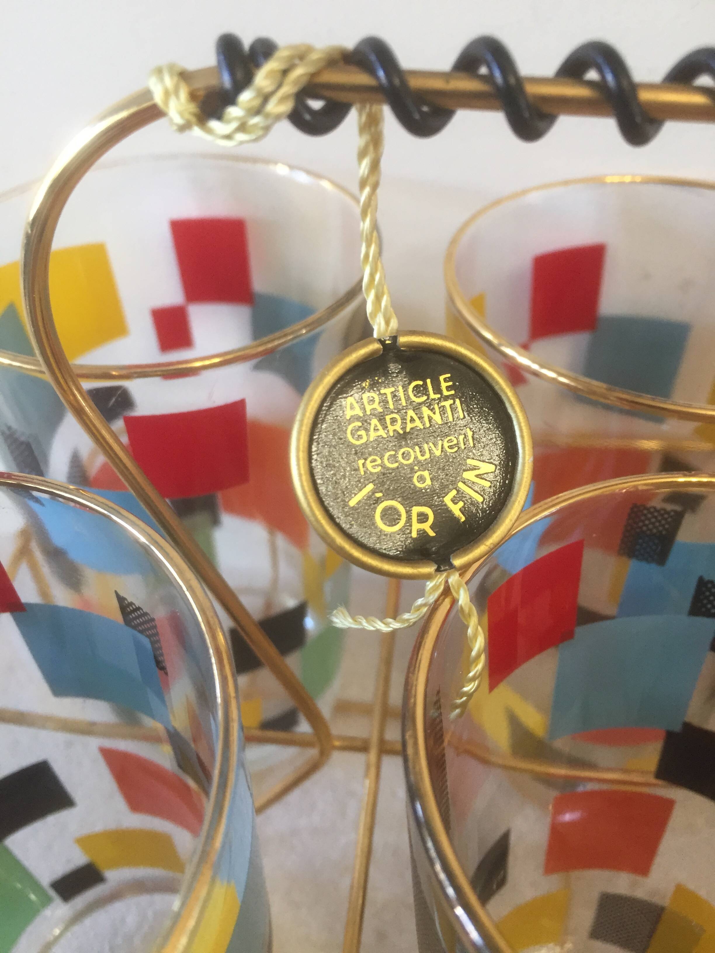 6 orangeade water aperitif glasses + metal support covered with fine gold - vintage