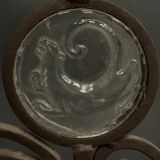 Porte-bougie en fer forgé enchâssement de verre 1950