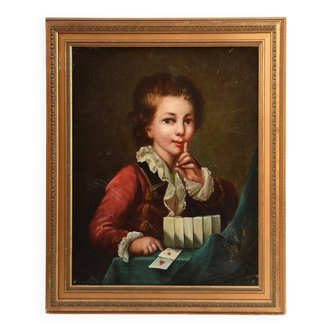 Peinture à l'huile sur toile vintage du XIXe siècle représentant un jeune garçon