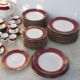 Elegant mid-century Japanese bone china service for 12 in white and noble red