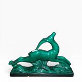Art Deco Sculpture Gazelle in Faience - Saint-Clément - Emerald Green
