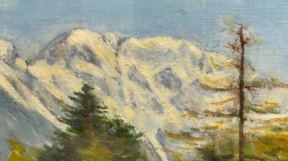 Snowy mountain landscape with pine trees, oil on canvas.