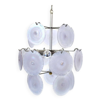 Lustre de Murano, tiges anthracite supportant vingt pampilles circulaires en verre irisé lilas