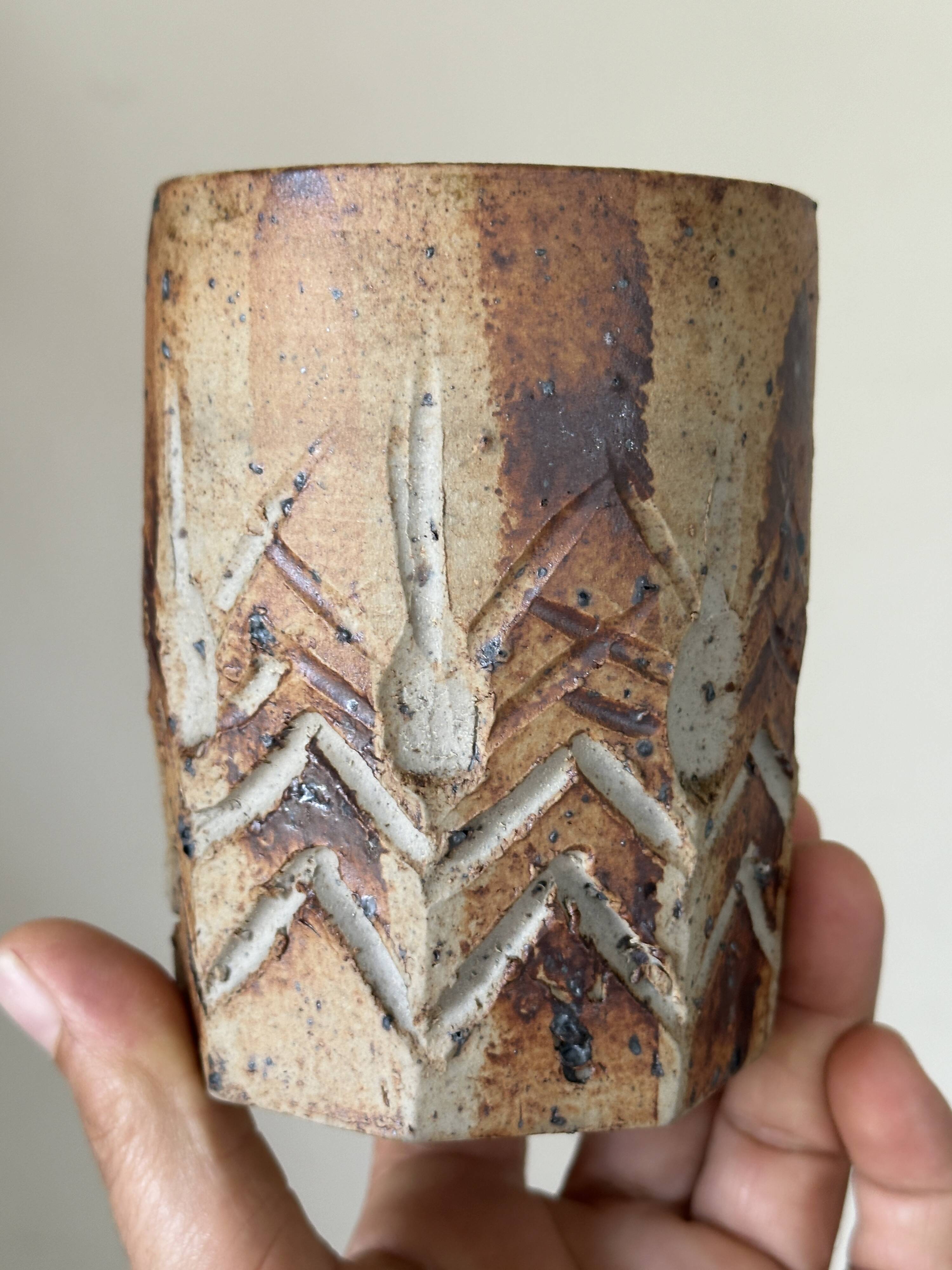 Vintage scarified stoneware vase pot from the 60s