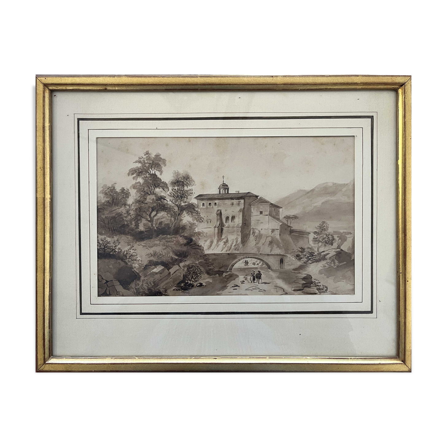 Tableau Lavis originale "Paysage monastère animé", vers 1850