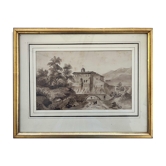 Tableau Lavis originale "Paysage monastère animé", vers 1850