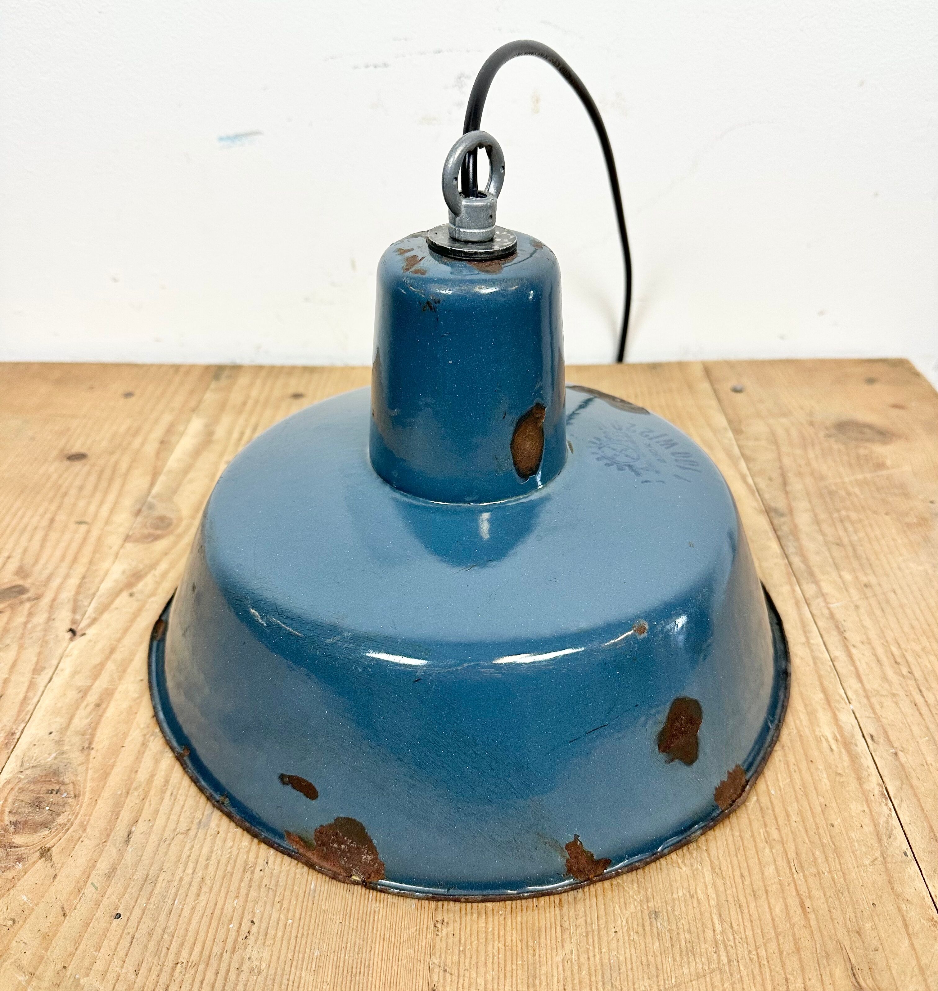 Small Industrial Blue Enamel Pendant Lamp, 1960s
