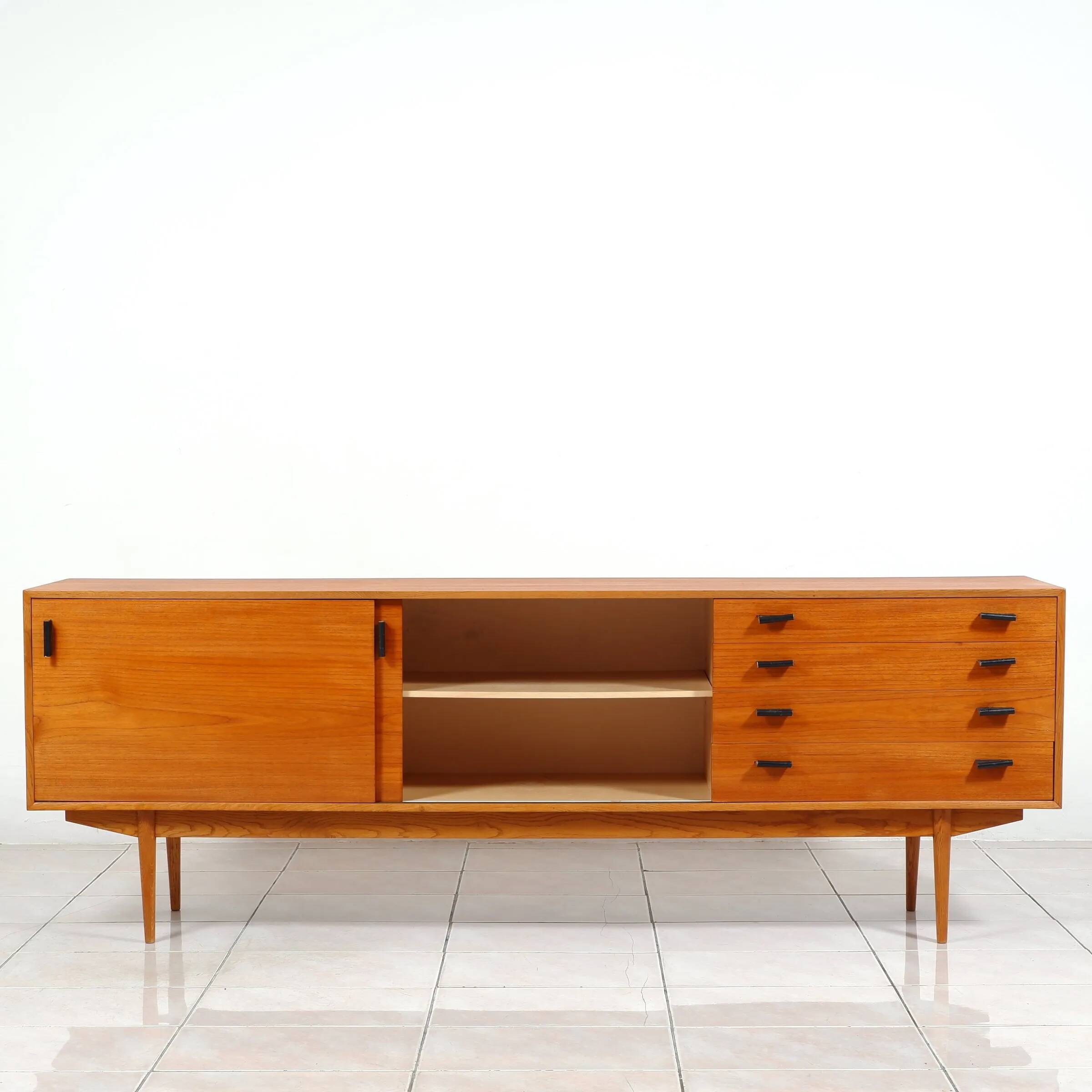 Swedish teak sideboard with leather handles