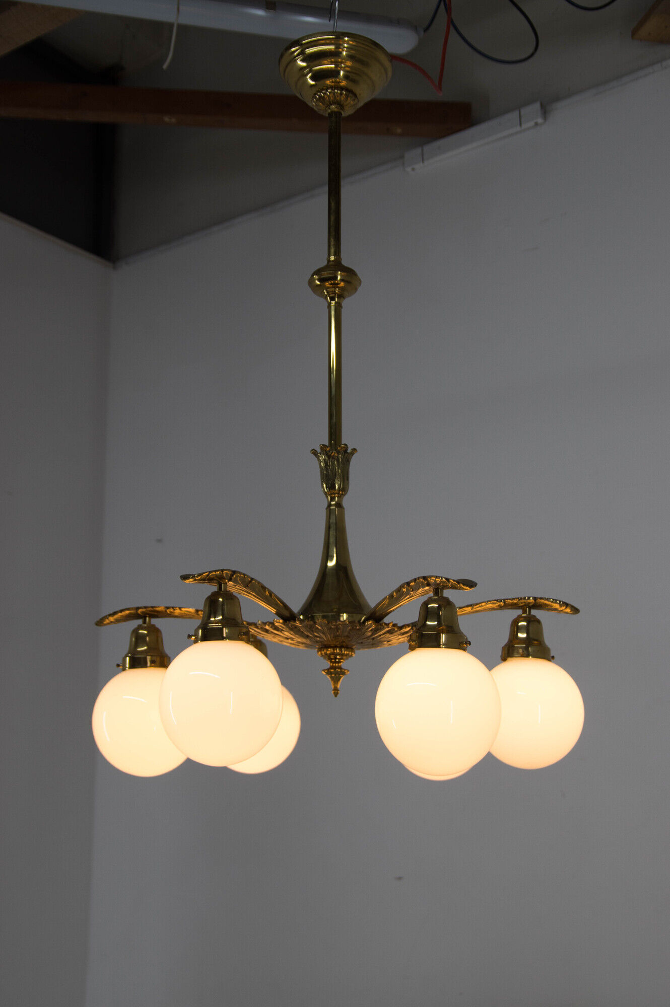 Art nouveau brass and glass chandelier