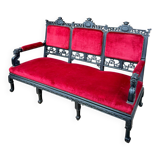 Large Japanese-style sofa in carved wood and red velvet, 19th century