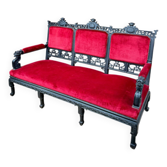 Large Japanese-style sofa in carved wood and red velvet, 19th century