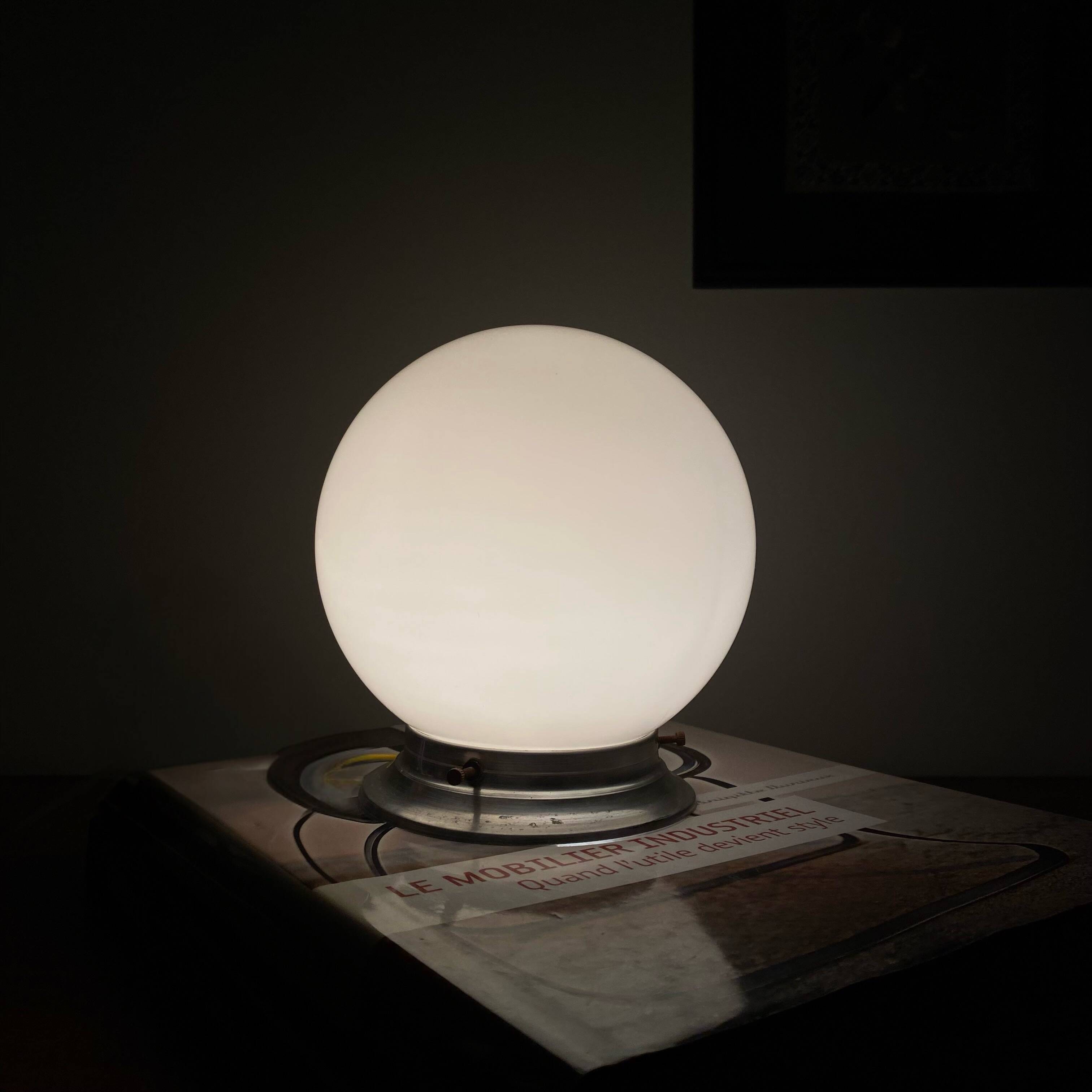 Ceiling light or wall light with white opaline glass globe, 15 cm, aluminium rose.