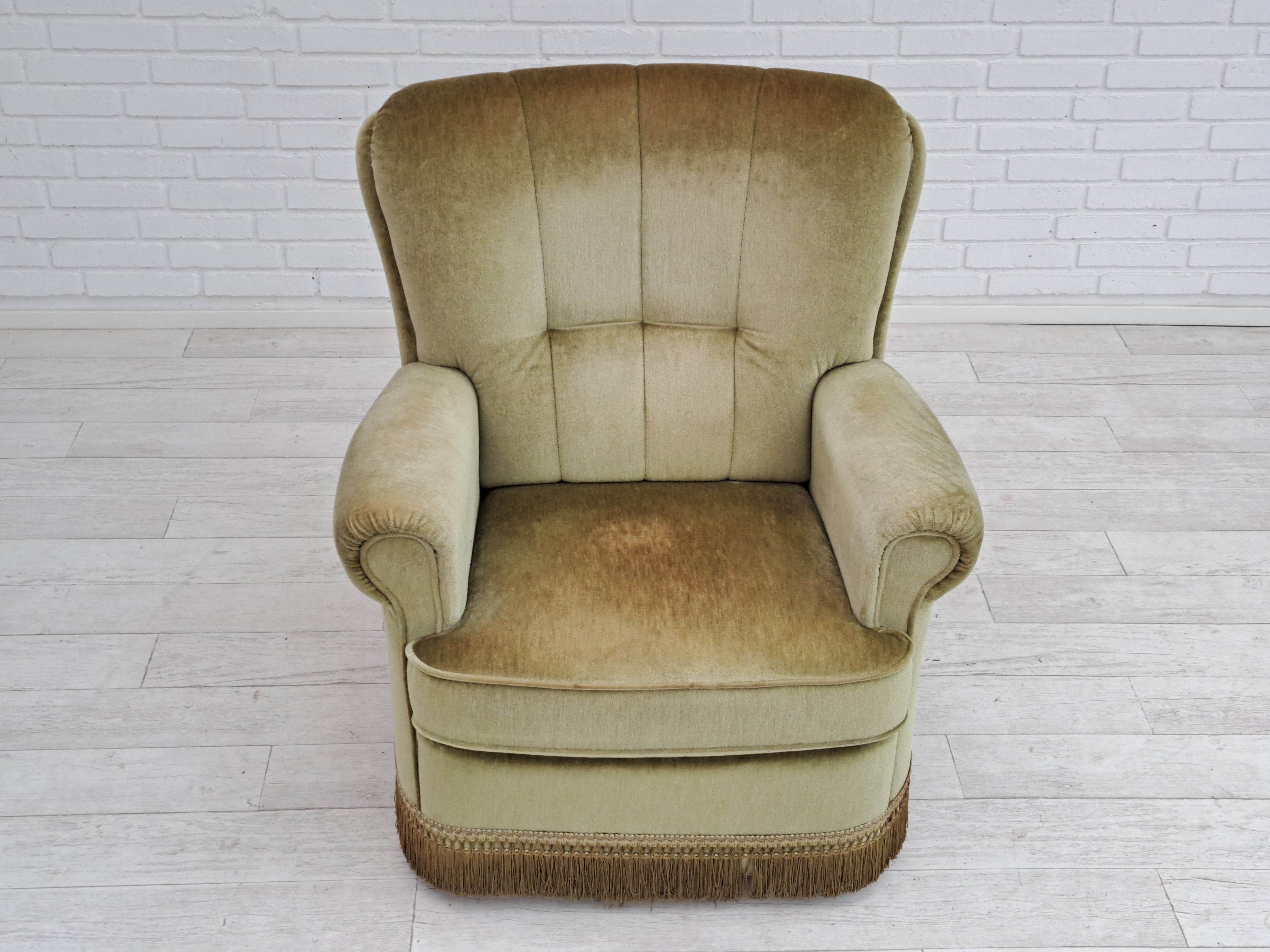 Danish velour armchair, original condition, beech wood, 80s