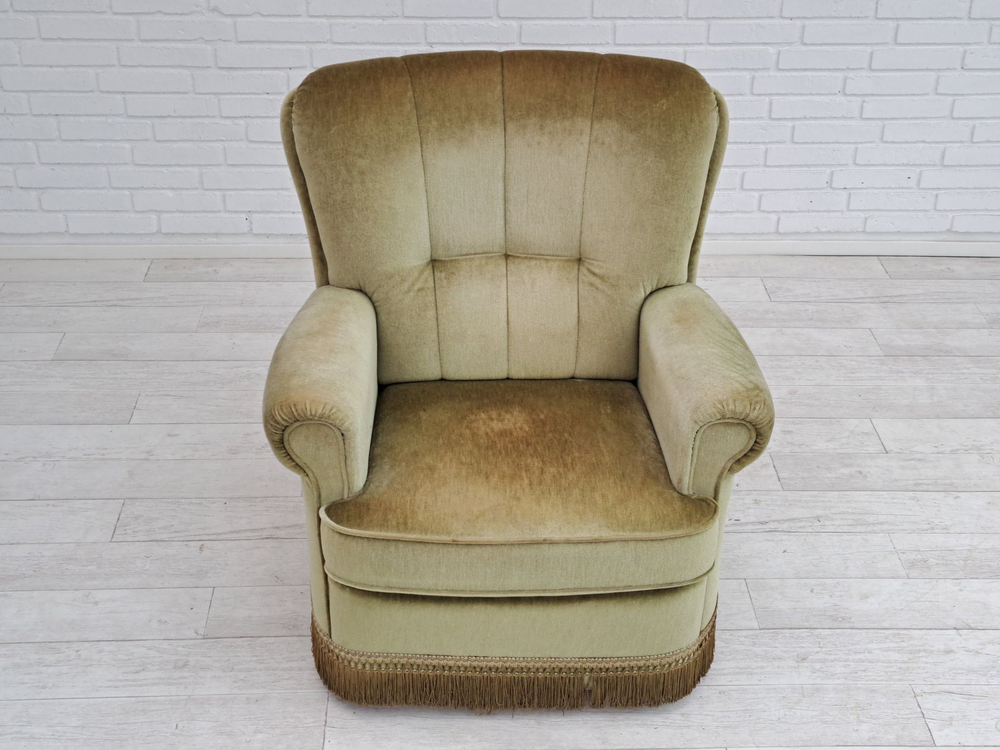 Danish velour armchair, original condition, beech wood, 80s