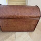 Vintage storage chest - curved - woven rattan - 1970s - mahogany colour