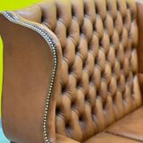 English Georgian Style Tufted Leather Chesterfield Wingback Two Seater Sofa