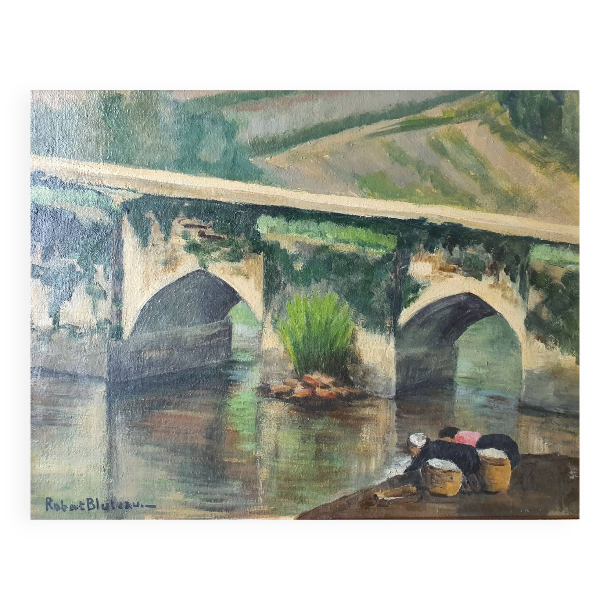 Old painting washerwomen in Brittany signed Robert Bluteau