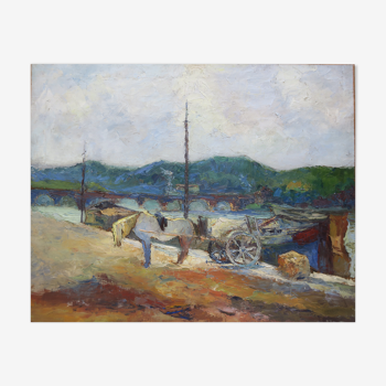 Painting 1900 seine edges horse and barge