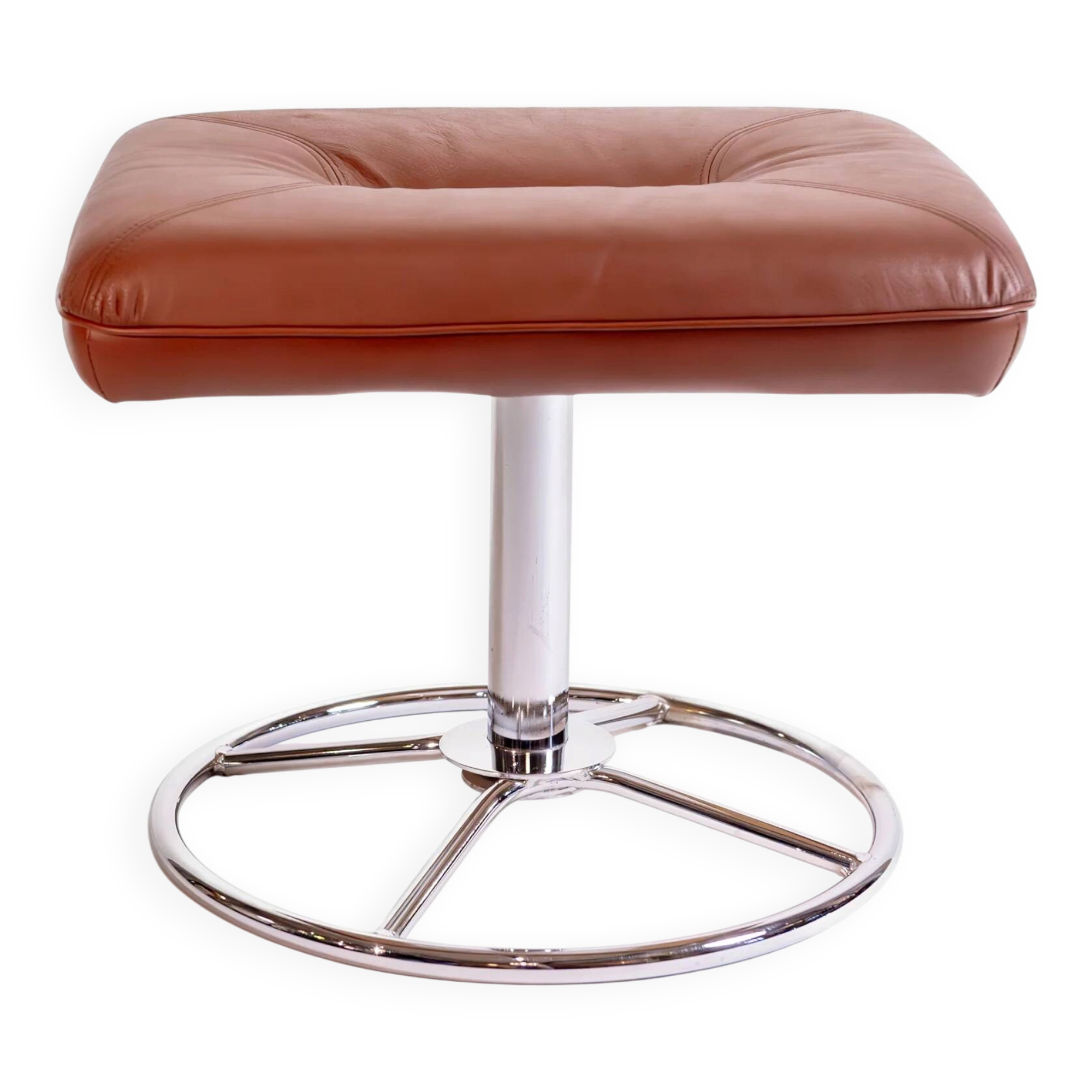 Vintage Scandinavian ottoman in brown leather with a chrome round base.