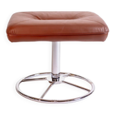 Ottoman scandinave vintage en cuir marron avec base ronde chromée