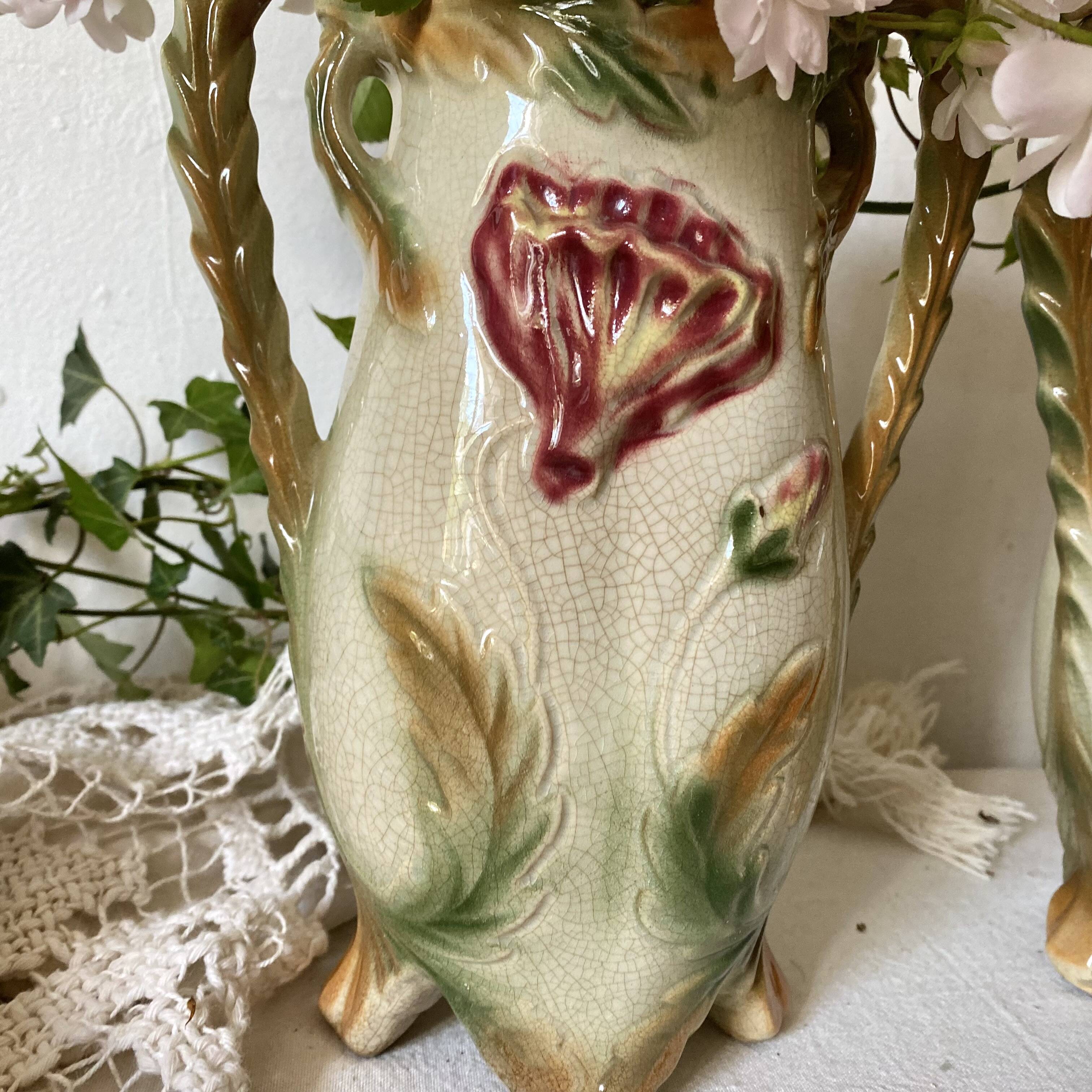 Pair of slipware vases, art nouveau fireplace decoration