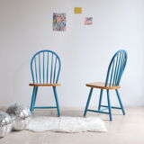 Pair of vintage Scandinavian Windsor chairs with blue bars