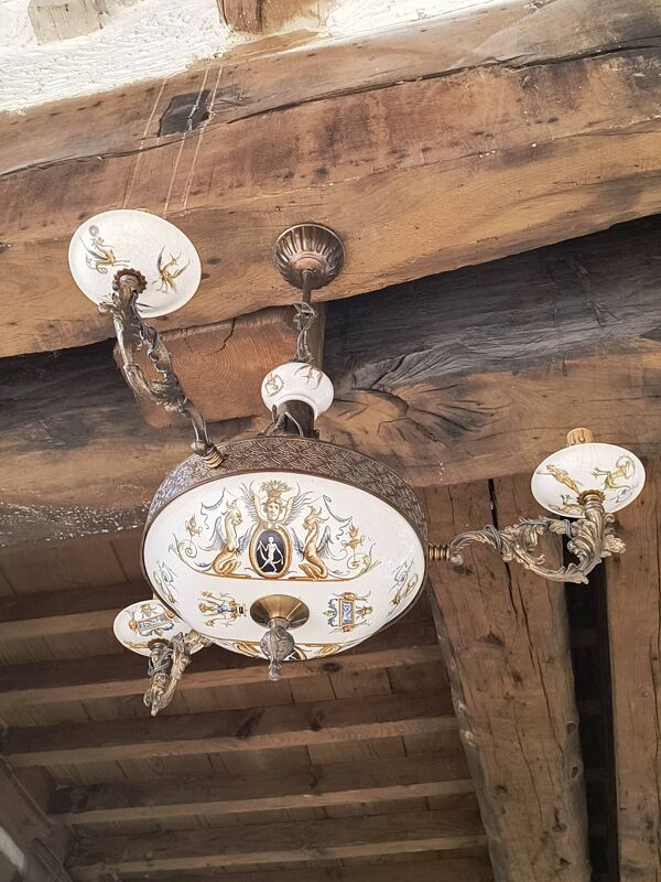 Lustre bronze, cuivre et faïence style gien