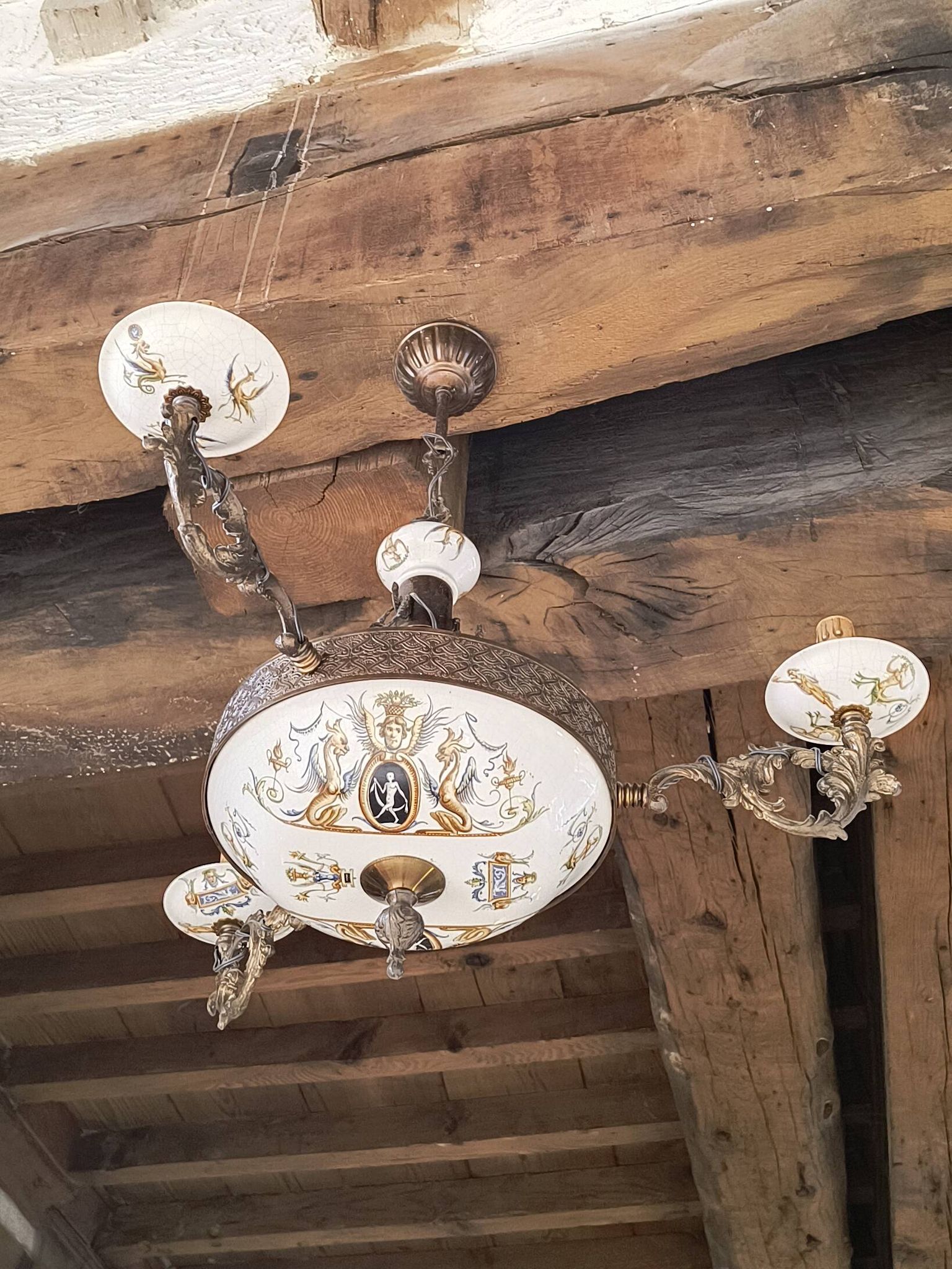 Lustre bronze, cuivre et faïence style gien