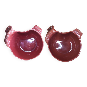 Pair of red ceramic hen dish