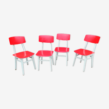 Lot de 4 chaises, années 70, rouge et blanc, bois et plastique