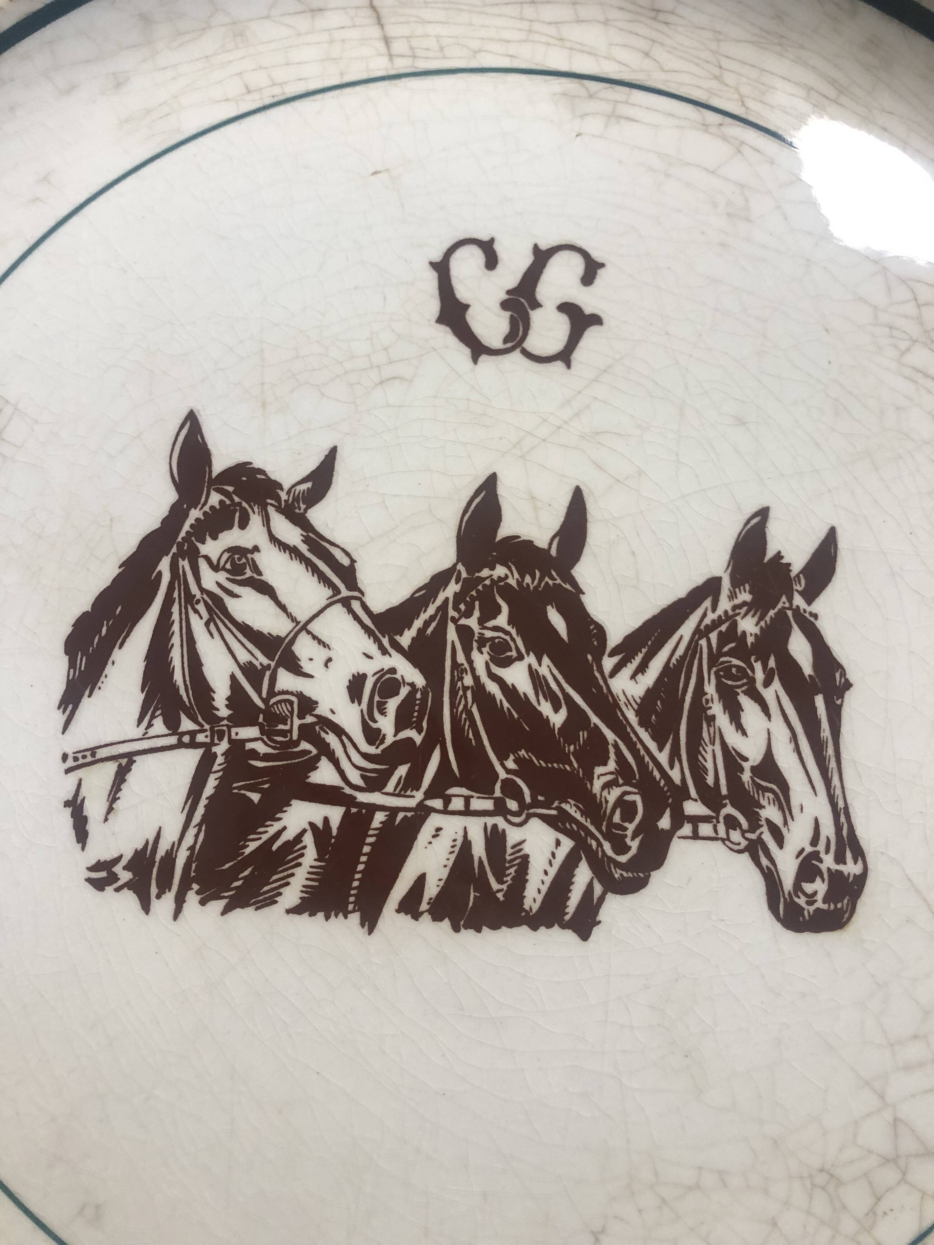 Vintage earthenware horses serving dish by Gien Nordez et Cie Cherbourg