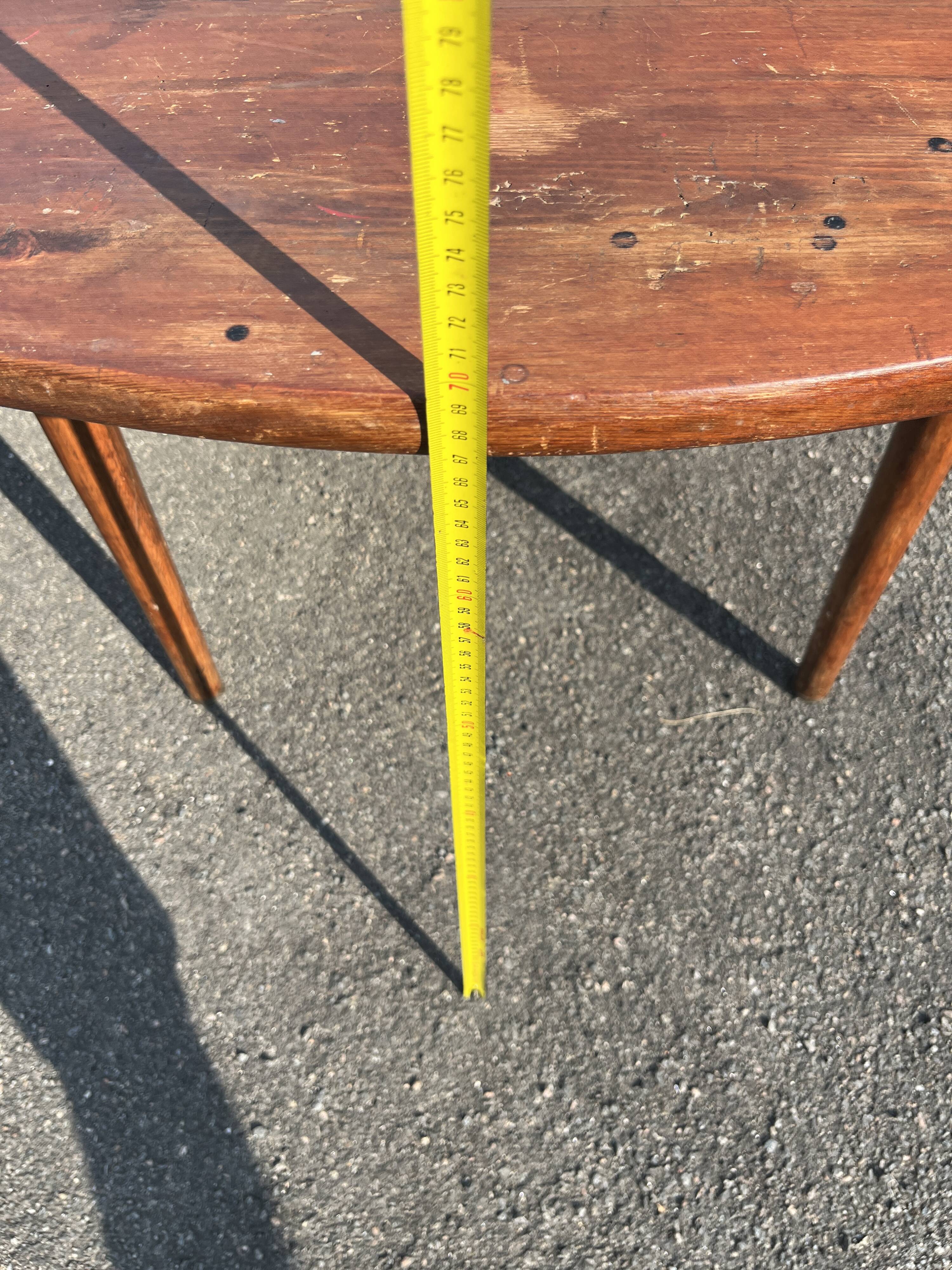 Antique rustic round wooden table 121cm, straight base