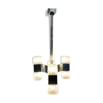 1960s Italian Sciolari Chrome and Glass Pendant Light