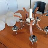 Scandinavian suspension in teak, glass, and metal.