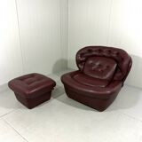 French burgundy leather space age lounge chair & footstool 1970’s