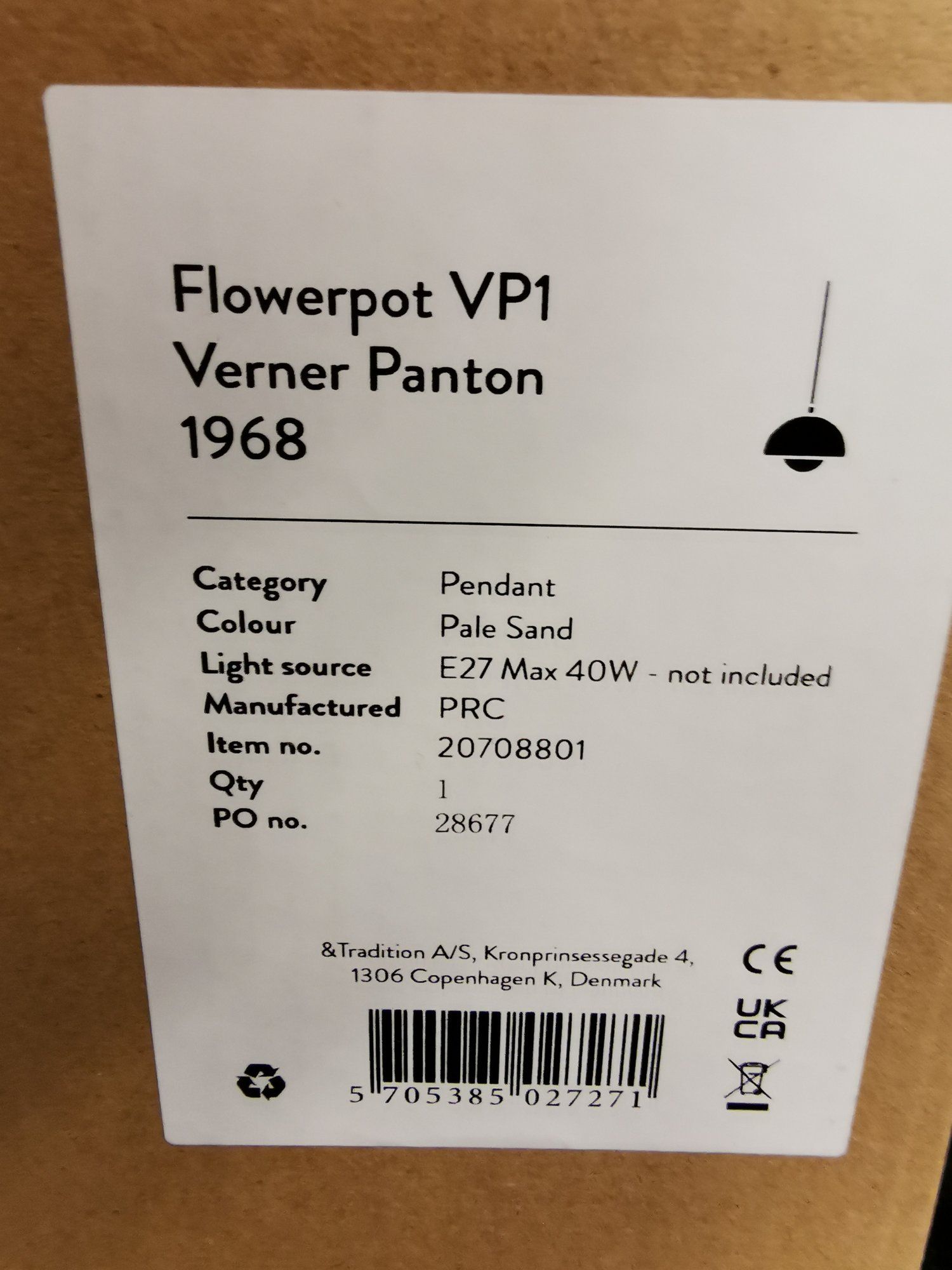 Flowerpot VP1 hanging lamp - Pale Sand, Designed by the famous Danish Verner Panton