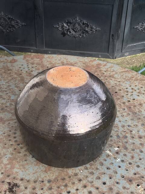 Glazed ceramic pot cover, brown, vintage 1970