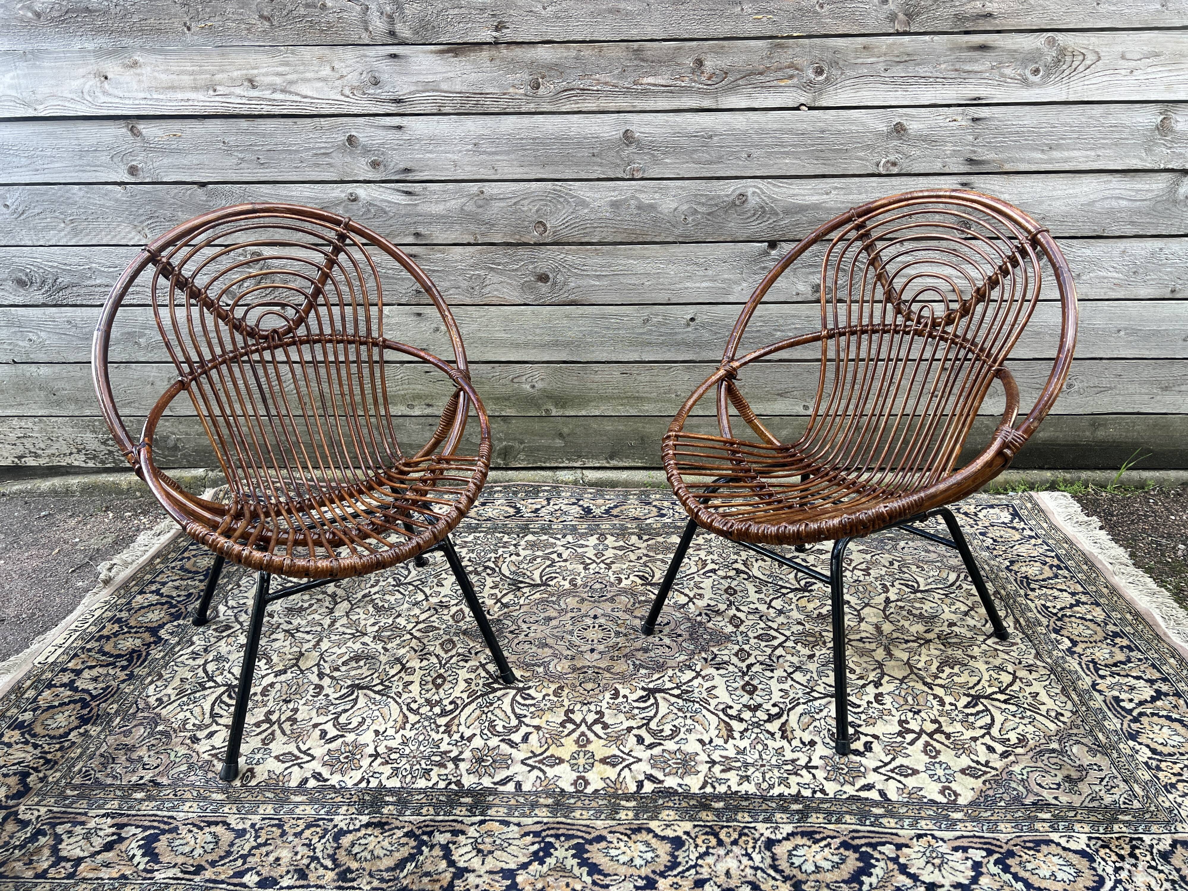 Pair of rattan armchairs, metal legs CIRCA 1950