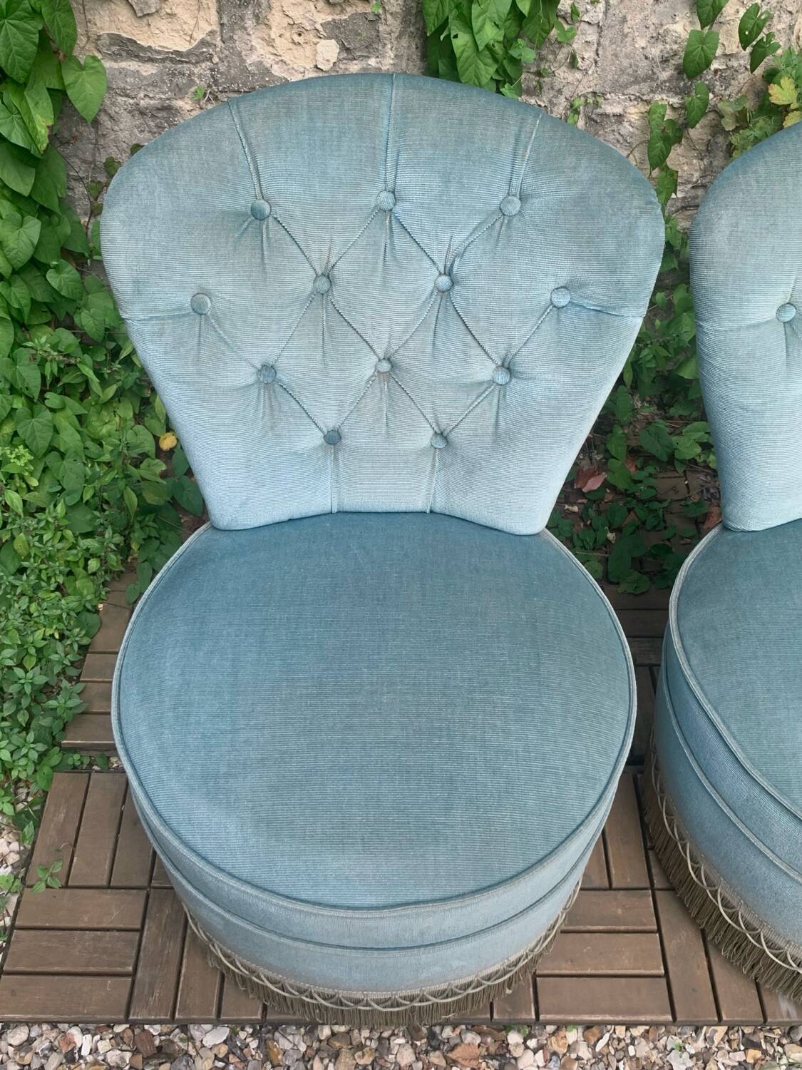 Pair of vintage blue velvet upholstered toad armchairs from the 1970s