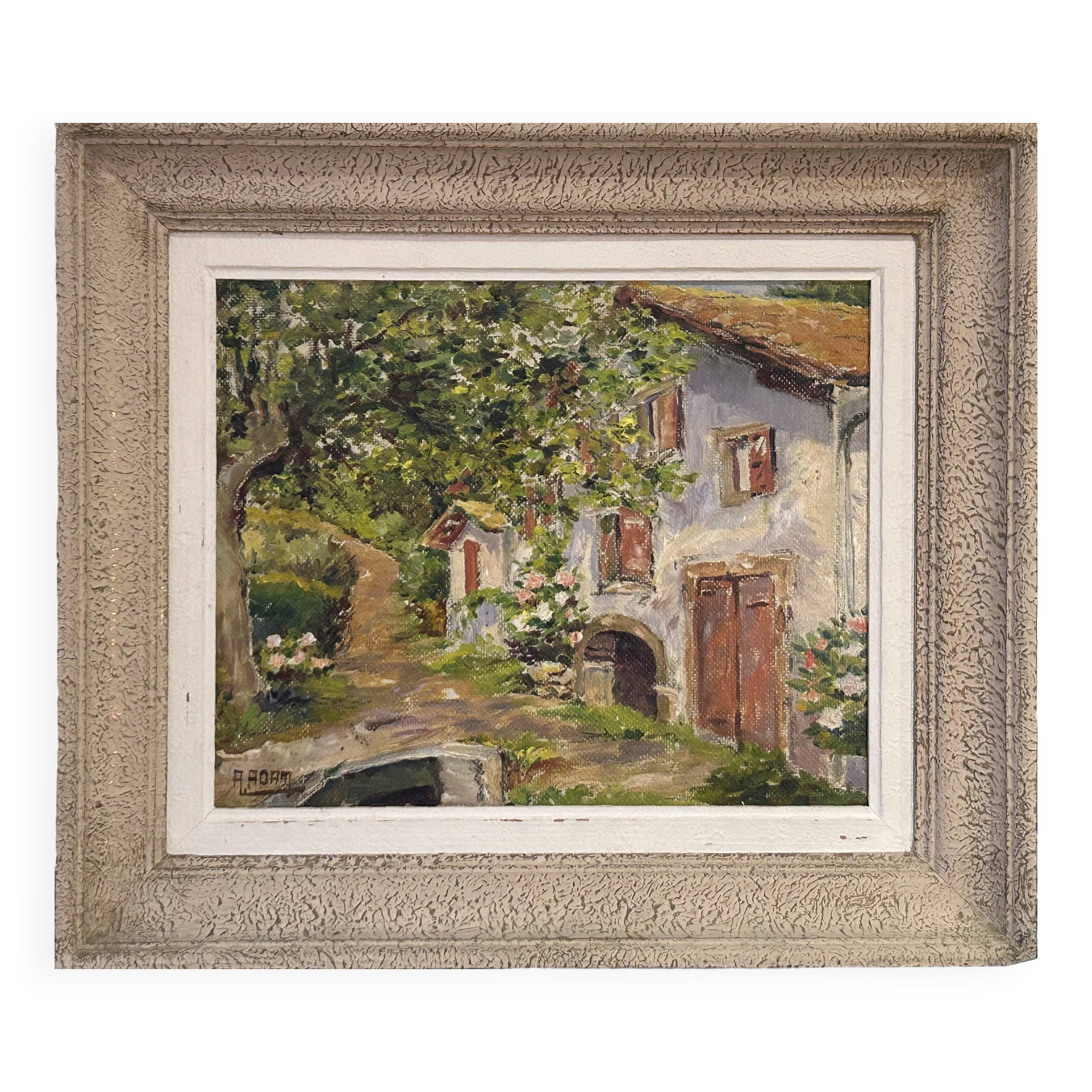 Oil on panel View of a villa in the South of France signed A. Adam circa 19
