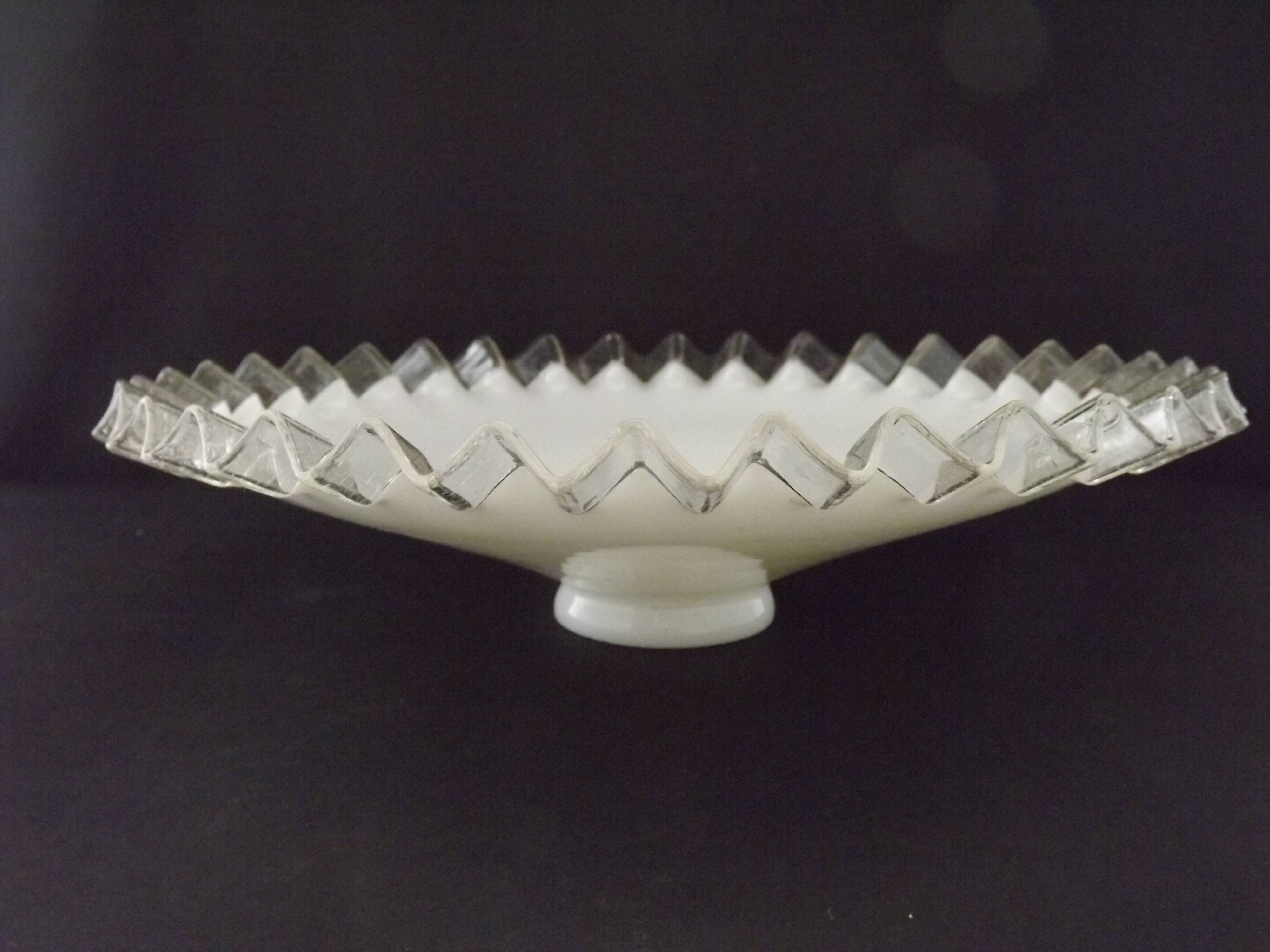 French frilled glass pendant shade, white opaline glass with a clear scalloped edge.