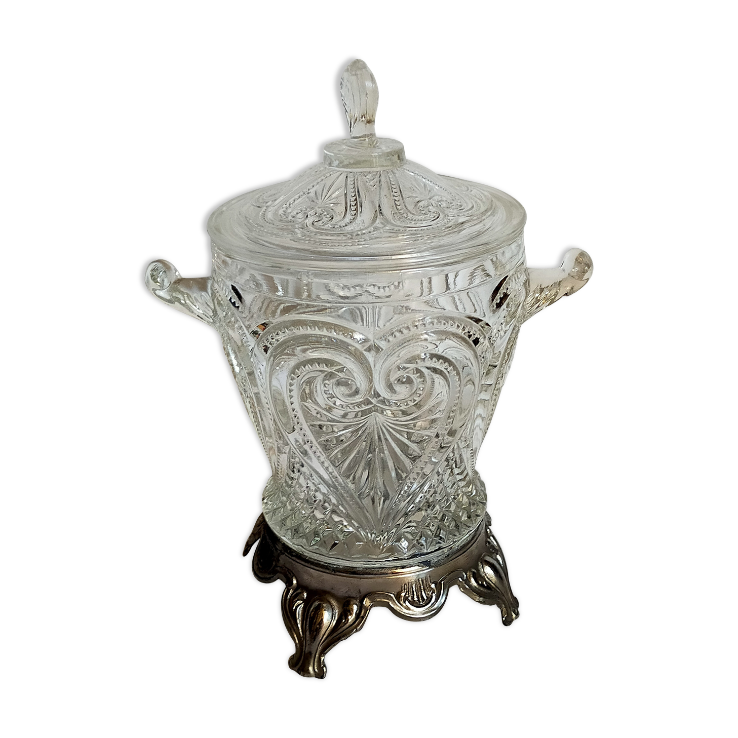 Antique glass compotier on metal stand