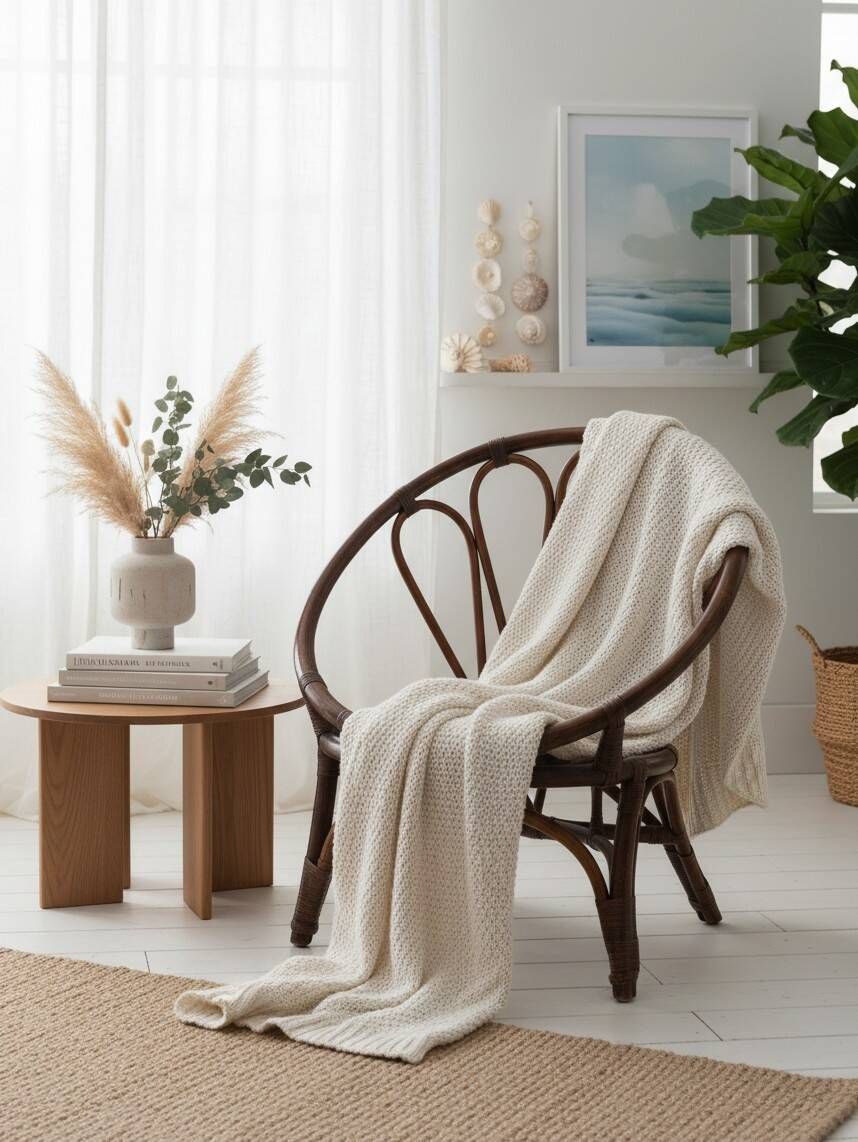 Fauteuil corbeille vintage en rotin à dossier soleil – Style Riviera, année