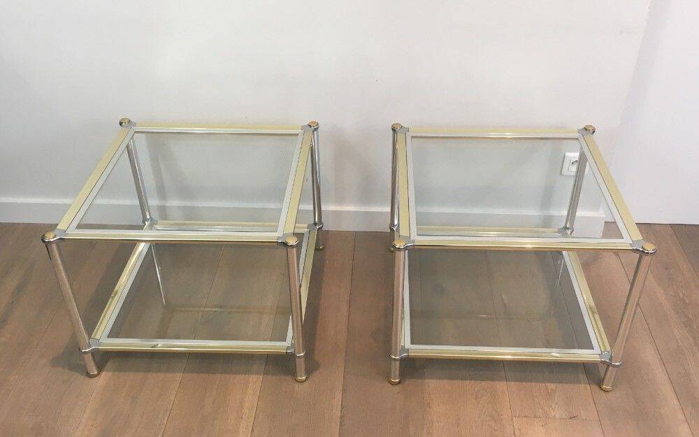 Pair of chrome, gold and silver side tables