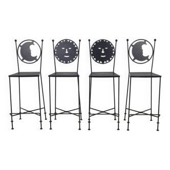 4x Bar Stool in Wrought Iron Sun and Moon, 1990s