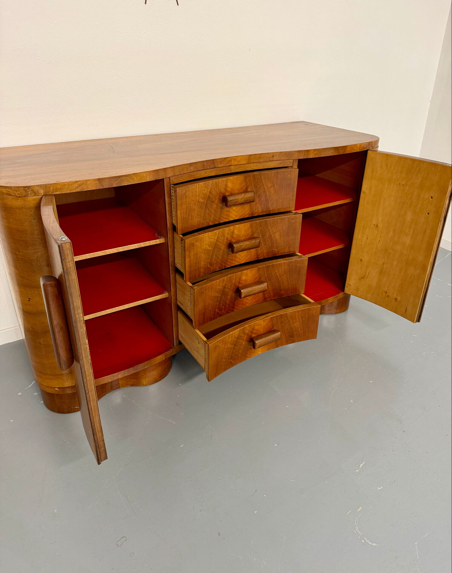 Antique walnut sideboard in Art Deco style from the 1930s.