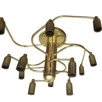 Lustre en laiton à 3 niveaux et 12 lumières en spirale, milieu du siècle, années 1960